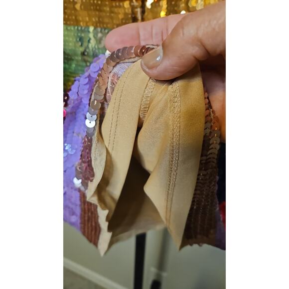 Mac Duggal 93724 Sequin Rainbow Striped Cocktail Dress | Long Sleeve Mini - Picture 4 of 6